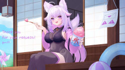 Rule 34 | 1girl, :d, absurdres, ahoge, animal ear fluff, animal ears, architecture, ball, beachball, bell sleeves, black bra, black leotard, blue sky, blush, bra, breasts, cat ears, cat girl, cat tail, cleavage, colored inner hair, commentary request, commission, covered navel, cup, day, east asian architecture, eyelashes, fang, food, gold necklace, hand up, highres, holding, holding cup, holding spoon, indie virtual youtuber, innertube, jewelry, large breasts, leotard, letter, long hair, long sleeves, looking at viewer, love letter, multicolored hair, necklace, open mouth, outdoors, pink nails, pinwheel, pisceun, porch, purple eyes, purple hair, see-through clothes, see-through shirt, sharing food, shaved ice, shirt, shiyuonline, shouji, simple bird, sitting, skeb commission, sky, sliding doors, smile, solo, spoon, summer, swim ring, tail, thighhighs, thong, transparent leotard, underwear, virtual youtuber, wooden porch