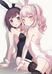 Rule 34 | 1girl, 1other, against wall, akiyama mizuki, alternate costume, animal ear hairband, animal ears, arm support, ass, backless leotard, bare arms, bare shoulders, black hairband, black leotard, black thighhighs, blush, bow, bowtie, breasts, brown eyes, brown hair, bunny day, cleavage, commentary request, cowboy shot, detached collar, drop shadow, fake animal ears, fake tail, from behind, garter straps, hair ribbon, hairband, highres, leotard, long hair, looking at viewer, looking back, medium hair, orange bow, orange bowtie, other with female, pink eyes, pink hair, playboy bunny, project sekai, rabbit ear hairband, rabbit ears, rabbit tail, remo (remoremoneed), ribbon, shinonome ena, side ponytail, sideboob, small breasts, strapless, strapless leotard, swept bangs, tail, thighhighs, wavy hair, white hairband, white leotard, white ribbon, white tail, wristband