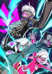 Rule 34 | blue eyes, boy vajra (fate), clenched hand, colored skin, disembodied eye, earrings, electricity, fate/grand order, fate (series), girl vajra (fate), glowing, glowing eyes, glowing mouth, green eyes, grey skin, highres, indra (fate), jewelry, nail polish, red eyes, takenoko seijin, white hair
