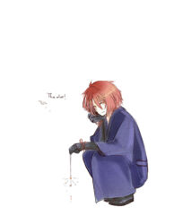1boy black_gloves black_sandals closed_mouth commentary_request fireworks full_body gloves hair_between_eyes holding holding_fireworks japanese_clothes kagerou_(ragnarok_online) kimono looking_at_viewer lowres male_focus orange_eyes orange_hair purple_kimono ragnarok_online sandals short_hair simple_background smile solo sparkler squatting wane_(ruki) white_background yukata