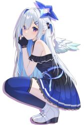 1girl :/ amane_kanata angel_wings asymmetrical_hair belt black_dress black_gloves blue_belt blue_hair blue_thighhighs blue_wings closed_mouth colored_inner_hair dress feathered_wings frilled_dress frills full_body gloves gradient_clothes gradient_dress gradient_wings grey_hair hair_over_one_eye halo halter_dress halterneck hashtag-only_commentary highres hololive long_hair looking_at_viewer mini_wings multicolored_hair multicolored_wings nametakeko official_alternate_costume official_alternate_hairstyle partially_fingerless_gloves pink_hair pleated_dress purple_eyes short_dress simple_background single_hair_intake sleeveless sleeveless_dress solo squatting star_halo streaked_hair thighhighs two_side_up virtual_youtuber white_background white_sneakers white_wings wings