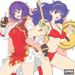 1girl asamiya_athena bike_shorts bike_shorts_under_skirt bikini breasts brokensouthpaw caiman_(artist) dress female_focus gloves gold hairband jewelry large_breasts leather looking_at_viewer one_eye_closed open_mouth pale_skin princess_athena purple_eyes purple_hair red_bikini short_hair shorts skirt smile smiley_face standing swimsuit the_king_of_fighters thighs wink