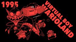1boy ball_and_chain_(weapon) black_background claws clenched_teeth commentary copyright_name dated demon_head dinosaur_fish_(wario_land) english_commentary facial_hair fangs game_console gloves hat helmet highres mario_(series) mustache nintendo outie_navel overalls pants pith_helmet pointy_ears pointy_nose rinabee_(rinabele0120) running sand_fish_(wario_land) sharp_teeth shoes spiked_ball_and_chain spikes tank_(wario_land) teeth v-shaped_eyebrows virtual_boy virtual_boy_wario_land wario wario_land weapon