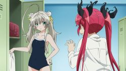 2girls :o ahoge animated animated_gif arm_up armpits bare_arms bare_shoulders black_ribbon blush collared_shirt cthugha_(nyaruko-san) double_bun closed_eyes female_focus hair_ribbon haiyore!_nyaruko-san huge_ahoge indoors locker locker_room long_sleeves multiple_girls neck nyarlathotep_(nyaruko-san) one-piece_swimsuit open_locker open_mouth red_hair ribbon rubbing shirt silver_hair smile standing swimsuit twintails what yuri
