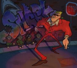 5boys blonde_hair building cigarette formal_clothes frank_fly full_body graffiti grin manhole_cover mother_(series) mother_2 multiple_boys nintendo outdoors panictwiter ponytail road_sign shark_tooth sharks_(mother_2) sidewalk sign smile solo_focus stop_sign suit sunglasses