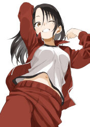 1girl absurdres arm_behind_head arm_up black_hair breasts brown_eyes commentary_request from_below grin gym_shirt hair_between_eyes hand_up highres jacket long_hair looking_at_viewer manemane_nichinichi medium_breasts nagisa_akane navel open_clothes open_jacket pants red_jacket red_pants shirt simple_background smile solo track_jacket track_pants track_suit white_background white_shirt yamamoto_souichirou