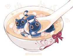 animal animification bandaged_hand bandaged_tail bandages blade_(honkai:_star_rail) blade_(sesame_cake)_(honkai:_star_rail) bloodymei888 cat chinese_commentary critter_pick_(honkai:_star_rail) food honkai:_star_rail honkai_(series) simple_background soup spoon white_background