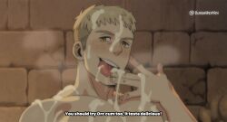 1boy bara blonde_hair blush bukkake burankoprn cum cum_on_body cum_on_male cum_on_pectorals dungeon_meshi english_text facial laios_touden licking licking_cum licking_finger looking_at_viewer male_focus nude paid_reward_available pectorals seductive_smile short_hair smile solo subtitled thick_eyebrows upper_body