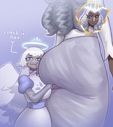 2girls absurdres angel angel_wings ass bergoq blue_eyes blue_sclera colored_sclera colored_skin dark-skinned_female dark_skin dress emily_(hazbin_hotel) girlfriend_booty_(meme) grey_hair grey_sclera grey_skin hazbin_hotel highres huge_ass long_hair meme multiple_girls sera_(hazbin_hotel) simple_background wings