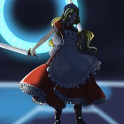 Rule 34 | 1girl, apron, blonde hair, bow, dress, kyoto art project, long hair, maid, maid headdress, makai (touhou), multiple swords, mystic square, open mouth, puffy short sleeves, puffy sleeves, red dress, ribbon, shadow, short sleeves, solo, sword, touhou, touhou (pc-98), weapon, yellow eyes, yumeko (touhou)