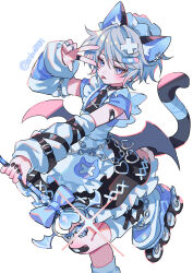 1boy :p absurdres animal_ear_piercing animal_ears apron arm_warmers bandaid bandaid_hair_ornament bandaid_on_knee bandaid_on_leg black_nails blue_dress blue_eyes cat_boy cat_ears cat_tail commentary_request crossdressing demon_wings dress frilled_apron frills grey_hair hair_ornament highres holding holding_staff magical_boy male_focus nail_polish original roller_skates short_hair short_sleeves simple_background skates skirt solo sparkle staff suzaku_(zaku6584) tail tongue tongue_out w white_apron white_background wings x_hair_ornament