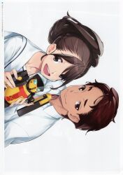 Rule 34 | 1boy, 1girl, absurdres, brown eyes, brown hair, chuo tanegashima high school uniform, collared shirt, ears visible through hair, exif rotation, fukuda tomonori, highres, holding, holding toy, long hair, long sleeves, looking at another, looking at viewer, non-web source, official art, open collar, open mouth, ponytail, red eyes, red hair, red shirt, red undershirt, robot, robotics;notes, sailor collar, school uniform, senomiya akiho, shirt, short hair, short sleeves, smile, t-shirt, tanegashimachine-3, teeth, tongue, toy, toy robot, upper teeth only, white background, white sailor collar, white shirt, yashio kaito