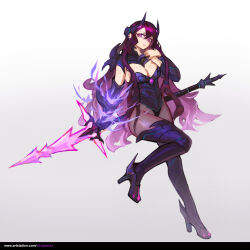 1girl absurdres artist_name artstation_username breasts cleavage cleavage_cutout clothing_cutout commentary demon_girl demon_horns dress english_commentary full_body high_heels highres holding holding_polearm holding_weapon horns legs long_hair medium_breasts open_mouth original polearm purple_dress purple_eyes purple_hair simple_background solo spear thighhighs thighs uchihaniray watermark weapon web_address white_background