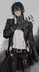 1boy ahoge belt belt_buckle belted_coat black_belt black_coat black_hair black_pants black_shrug blue_eyes brown_belt buckle buttons check_copyright chinese_commentary closed_mouth coat collared_coat commentary_request commission copyright_request cowboy_shot debris dress_shirt expressionless gloves grey_background hair_between_eyes hand_on_own_neck highres kamu_(poulro) lapels light_frown long_sleeves male_focus multiple_belts notched_lapels open_clothes open_coat original pants sample_watermark shirt short_hair shrug_(clothing) sleeve_cuffs smoke solo standing thigh_belt thigh_strap turtleneck_shrug watermark weibo_watermark white_gloves white_shirt