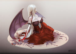 1girl 3d bare_shoulders bat_wings black_thighhighs blonde_hair blood blood_on_clothes bloody_tears breasts dress elbow_gloves female_focus full_body gloves hair_ribbon high_heels highres kiss-shot_acerola-orion_heart-under-blade kizumonogatari large_breasts leslyzerosix lips long_hair monogatari_(series) oshino_shinobu parted_lips pointy_ears red_dress ribbon shoes single_shoe solo strapless thighhighs torn_clothes torn_thighhighs vampire very_long_hair white_gloves white_shoes wings yellow_eyes