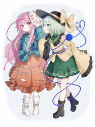 2girls absurdres black_boots black_hat blue_shirt boots bow bubble_skirt chinese_commentary collared_shirt commentary fox_mask frilled_shirt_collar frills full_body green_eyes green_hair green_skirt hat hat_bow hata_no_kokoro heart heart_of_string highres komeiji_koishi long_hair long_sleeves mask mask_on_head multiple_girls orange_skirt pink_eyes pink_hair plaid_clothes plaid_shirt shirt simple_background skirt standing third_eye touhou very_long_hair white_background white_boots yellow_bow yellow_shirt yuuneka