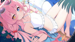 4girls absurdres animal ball bare_arms bare_legs bare_shoulders barefoot bikini blue_archive blue_eyes blush closed_mouth collarbone day eyewear_on_head female_focus flower frilled_bikini frills hair_between_eyes hair_bobbles hair_ornament highres hoshino_(blue_archive) hoshino_(swimsuit)_(blue_archive) inflatable_toy inflatable_whale loli long_hair looking_at_viewer lying multiple_girls nonomi_(blue_archive) nonomi_(swimsuit)_(blue_archive) official_alternate_costume on_back outdoors pink_flower pink_hair pu_ht red_flower shiroko_(blue_archive) shiroko_(swimsuit)_(blue_archive) solo_focus starfish sunglasses swimsuit volleyball_(object) volleyball_net white_bikini yellow_eyes