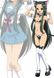 1girl :d absurdres animal_ear_fluff animal_ears arm_strap bikini black_bikini black_bow black_footwear black_hair black_ribbon blue_sailor_collar blue_skirt blush bow breasts brown_eyes cat_ears cat_girl cat_tail choker cleavage collarbone fang frilled_bikini frills full_body gurobeya highres kita_high_school_uniform kneehighs long_hair long_sleeves maid maid_bikini medium_breasts miniskirt navel neck_ribbon open_mouth paw_pose ribbon sailor_collar school_uniform shirt skirt smile socks solo straight_hair suzumiya_haruhi_no_yuuutsu swimsuit tail thighhighs tsuruya unconventional_maid very_long_hair white_background white_choker white_shirt white_socks