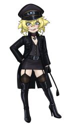 1girl aaaninja belt belt_buckle black_choker black_gloves black_skirt black_thighhighs blonde_hair blue_eyes blush boots breasts buckle choker cross cross_choker flat_chest full_body garter_straps gloves gluteal_fold grin hat high_heel_boots high_heels highres licking_lips lips looking_at_viewer microskirt military_hat military_uniform nazi peaked_cap pendant_choker riding_crop short_hair simple_background skirt small_breasts smile solo standing tanya_degurechaff thigh_boots thighhighs tongue tongue_out youjo_senki