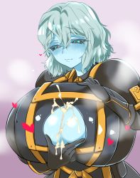 1girl after_paizuri anasteria armor black_sclera blue_skin breasts breath cleavage cleavage_cutout clothing_cutout colored_sclera colored_skin cum cum_on_armor cum_on_body cum_on_breasts cum_on_clothes cum_on_upper_body gauntlets green_eyes grey_hair grim_dawn hand_on_breast heart heart-shaped_pupils highres huge_breasts imminent_paizuri kodainosinpi naughty_face paizuri_invitation short_hair shoulder_pads standing steam sweat symbol-shaped_pupils torn_clothes