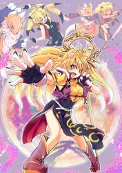 absurdres armor blonde_hair breasts digimon digimon_(creature) fusion fusion_dance highres large_breasts long_hair medium_breasts nail_polish renamon sakuyamon staff xiaomu