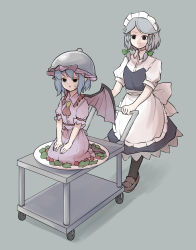 2girls :| ascot bat_wings black_eyes black_legwear braid closed_mouth dress empty_eyes frilled_shirt_collar frills grey_background hands_on_own_knees hat hat_ribbon highres izayoi_sakuya lid loafers maid maid_headdress mob_cap multiple_girls object_on_head on_head pantyhose peroponesosu. pink_dress plate puffy_short_sleeves puffy_sleeves purple_hair red_ascot red_ribbon remilia_scarlet ribbon salad seiza serving_cart serving_dome shoes short_sleeves silver_hair simple_background sitting sweatdrop touhou tray twin_braids wheel wings