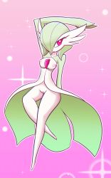 1girl arm_behind_head arm_up breasts breasts_out collarbone colored_skin female_focus full_body gardevoir gen_3_pokemon gradient_background green_hair green_skin hair_over_one_eye highres looking_to_the_side medium_breasts multicolored_skin nintendo nipples open_mouth pink_background pink_eyes pokemon pokemon_(creature) pussy short_hair simple_background solo two-tone_skin uncensored white_skin zedrin