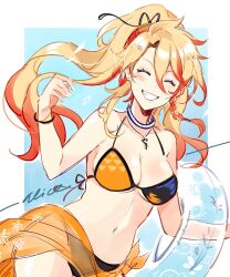 1girl arm_up axel_syrios bikini blonde_hair blush bracelet braid breasts cleavage closed_eyes coll_(erichankun) collar earrings genderswap genderswap_(mtf) grin hair_between_eyes high_ponytail highres holostars holostars_english innertube jewelry long_hair medium_breasts midriff multicolored_hair multiple_bracelets navel necklace ponytail red_hair side_braid sideboob signature simple_background sketch smile summer swim_ring swimsuit twitter_username two-tone_hair underboob upper_body virtual_youtuber white_collar