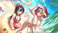 2girls :d animal aqua_eyes arm_at_side arm_up assault_lily ball bare_arms bare_legs bare_shoulders beach beach_towel beachball bikini black_hair blindfold blurry blurry_foreground bracelet breasts choker cleavage closed_mouth collarbone commentary_request copyright_notice crab day fish floral_print flower food from_above fruit glint green_eyes hair_between_eyes hair_flower hair_ornament hair_scrunchie halterneck hand_up hands_up hatsukano_yo heart hibiscus high_ponytail holding holding_blindfold holding_food holding_fruit holding_stick holding_watermelon innertube jewelry kneeling large_breasts layered_bikini long_bangs long_hair looking_at_another looking_to_the_side looking_up lower_teeth_only mayuri_kaichou medium_hair multicolored_bikini multiple_girls navel official_alternate_costume official_art open_mouth orange_bikini orange_choker orange_ribbon outdoors palm_tree ponytail print_bikini red_bikini red_hair red_sandals red_scrunchie ribbon ring sand_writing sandals scrunchie see-through_bikini see-through_clothes serizawa_chikaru side-tie_bikini_bottom smile sparkle standing stick stomach suikawari swim_ring swimsuit teeth thigh_strap towel tree two-tone_bikini two-tone_scrunchie unworn_blindfold very_long_hair water watermelon white_bikini white_flower white_scrunchie wrist_ribbon yellow_flower