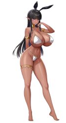 1girl adjusting_hair animal_ears arm_behind_back barefoot bikini black_hair breasts cleavage curvy dark-skinned_female dark_elf dark_skin derauea earrings elf fake_animal_ears gold_armlet gold_choker highres hime_cut huge_breasts jewelry long_hair looking_at_viewer motto!_haramase!_honoo_no_oppai_isekai_oppai_bunny_gakuen! navel nontraditional_playboy_bunny official_art pointy_ears purple_eyes rabbit_ears raelda_le_failda revealing_clothes sideboob skindentation swimsuit thigh_strap white_bikini