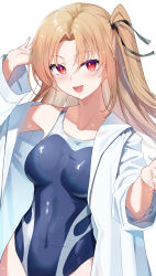 1girl absurdres alternate_costume azur_lane blonde_hair cleveland_(azur_lane) covered_navel hand_up highleg highleg_one-piece_swimsuit highres long_hair looking_at_viewer one-piece_swimsuit one_side_up open_clothes open_shirt parted_bangs red_eyes rubisco shirt smile sparkle swimsuit white_background white_shirt