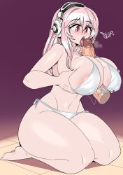 1girl areola_slip bikini breasts captain_kirb covered_erect_nipples drooling fellatio grabbing_own_breast headphones huge_breasts licking licking_penis long_hair open_mouth oral paizuri paizuri_under_clothes penis pink_hair red_eyes super_sonico swimsuit thighs tongue white_bikini