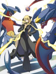 1girl arm_blade bikiciki black_coat black_pants black_sclera blonde_hair breasts coat colored_sclera cosmetics cynthia_(pokemon) dragon evolutionary_line full_body garchomp gen_4_pokemon group_picture hair_over_one_eye highres holding holding_lipstick_tube large_breasts lipstick_tube long_hair mega_garchomp mega_pokemon nintendo pants pokemon pokemon_(anime) pokemon_(creature) pokemon_dppt pokemon_journeys sharp_teeth simple_background slit_pupils teeth weapon white_background yellow_eyes