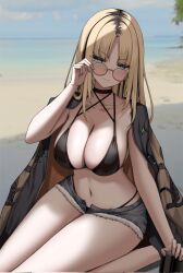 1girl beach bikini bikini_under_shorts black_bikini black_choker blonde_hair blue_eyes breasts choker closed_mouth collarbone commentary day denim denim_shorts halterneck highres hololive hololive_dev_is horizon koganei_niko kushinaka large_breasts long_hair looking_at_viewer micro_shorts multicolored_hair navel outdoors roots_(hair) round_eyewear shorts solo swimsuit symbol-only_commentary virtual_youtuber