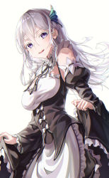 1girl absurdres alternate_costume apron blush breasts colored_eyelashes echidna_(re:zero) enmaided eyes_visible_through_hair grey_hair hair_between_eyes hair_ornament highres long_hair looking_at_viewer maid maid_apron medium_breasts nagul purple_eyes re:zero_kara_hajimeru_isekai_seikatsu roswaal_mansion_maid_uniform sidelocks smile solo standing very_long_hair white_eyelashes wide_sleeves