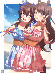 Rule 34 | 2girls, absurdres, animal ears, blue hair, blue nails, blue sky, bow, bracelet, brown hair, cloud, cloudy sky, color neko (user yfvc3323), commentary request, corset, cowboy shot, daitaku helios (#summer #new me) (umamusume), daitaku helios (umamusume), dress, ear covers, ear ornament, ear piercing, facial tattoo, fang, flower, grey eyes, hair between eyes, hair flower, hair ornament, hairclip, hat, hibiscus, highres, horse ears, horse girl, jewelry, long hair, medium hair, multicolored hair, multicolored nails, multiple girls, nail polish, necklace, off-shoulder dress, off shoulder, official alternate costume, official alternate hairstyle, one eye closed, open mouth, outdoors, petals, piercing, pink dress, purple bow, purple nails, side-by-side, side ponytail, sky, smile, streaked hair, tattoo, tosen jordan (aurore vacances) (umamusume), tosen jordan (umamusume), twitter username, umamusume, white dress