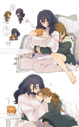 2girls 404no2929 arm_around_waist barefoot between_legs black_skirt blue_hair blush breasts brown_hair closed_eyes closed_mouth coffee_mug commentary_request cuddling cup heart highres hug hug_from_behind kiss kissing_forehead large_breasts long_hair long_sleeves miya_(404no2929) mug multiple_girls original pants pink_eyes pink_pants pink_shirt school_uniform shion_(404no2929) shirt simple_background skirt steam translated white_background yuri