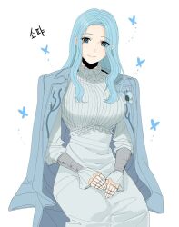 Rule 34 | 1girl, blue butterfly, blue coat, blue eyes, blue hair, breasts, bug, butterfly, closed mouth, coat, commentary request, doll joints, dress, insect, joints, korean text, large breasts, lies of p, long hair, looking at viewer, open clothes, open coat, simple background, sitting, smile, solo, sophia monad, translation request, wavy hair, white background, white dress, xxq 002