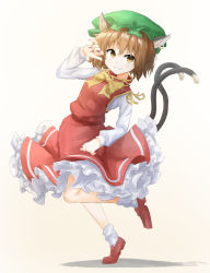 :3 animal_ears bow bowtie brown_eyes brown_hair cat_ears cat_tail chen clip_studio_paint_(medium) closed_mouth dress earrings fingernails frilled_dress frills full_body green_hat hat highres jewelry leg_up loafers long_fingernails long_sleeves mandarin_collar mob_cap multiple_tails nail_polish nekomata red_dress red_nails red_shoes ribbon shoes short_hair simple_background single_earring socks standing standing_on_one_leg tail tarumaru touhou two_tails white_background white_sleeves white_socks yellow_bow yellow_bowtie yellow_ribbon