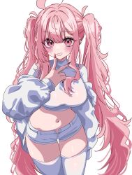 1girl absurdres ahoge blush breasts commentary crop_top dot_nose earclip feet_out_of_frame fingernails hair_between_eyes hand_to_own_mouth hand_up highres jacket long_fingernails long_hair luvluvvox medium_breasts midriff navel off_shoulder open_mouth original pink_eyes pink_hair puffy_sleeves sanpaku short_shorts shorts solo stomach symbol-only_commentary thighhighs twintails unkempt v very_long_hair white_background white_jacket white_shorts white_thighhighs