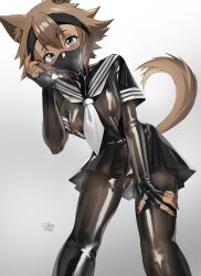 Rule 34 | 1girl, animal ears, black collar, black dress, black gloves, black hairband, black pantyhose, blue eyes, breasts, brown hair, collar, commentary, dark-skinned female, dark skin, dog ears, dog girl, dog tail, dress, elbow gloves, english commentary, feet out of frame, fingerless gloves, gloves, hairband, highres, large breasts, latex, latex dress, latex gloves, latex pantyhose, leaning forward, looking at viewer, mask, monster musume no iru nichijou, mouth mask, necktie, nipples, pantyhose, polt, sailor dress, see-through clothes, see-through dress, see-through pantyhose, shermugi, short hair, simple background, solo, tail, variant set, white background, white necktie