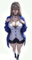 1girl alternate_costume aponia_(honkai_impact) black_bra black_choker black_hairband black_shoes black_shorts blonde_hair blue_cardigan blue_eyes blush bra bra_peek breasts cardigan choker cleavage collarbone commentary_request hair_between_eyes hairband highres honkai_(series) honkai_impact_3rd large_breasts long_hair long_hair_between_eyes long_sleeves looking_at_viewer mole mole_under_eye open_cardigan open_clothes parted_lips shirt shoes shorts solo underwear white_shirt wo_jiushi_kanbudong