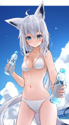 1girl absurdres ahoge alternate_costume animal_ear_fluff animal_ear_piercing animal_ears bare_shoulders beach bikini bird blue_eyes blue_sky blush bottle breasts cleavage closed_mouth cloud collarbone fox_ears fox_girl fox_tail hair_between_eyes halterneck highres holding holding_bottle hololive long_hair looking_at_viewer medium_breasts mitsukii navel shirakami_fubuki sky smile solo stomach string_bikini swimsuit tail very_long_hair virtual_youtuber white_bikini white_hair