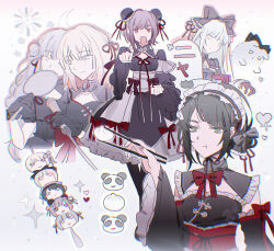 5girls amoris_(bang_dream!) ave_mujica_(bang_dream!) bang_dream! bang_dream!_it&#039;s_mygo!!!!! black_dress black_hair black_pantyhose blonde_hair blue_eyes blue_hair bow bowtie bun_cover chinese_clothes chopsticks closed_mouth commentary doloris_(bang_dream!) double_bun dress eating green_hair hair_bun hairband hand_fan highres holding holding_chopsticks holding_fan holding_with_chopsticks lolita_fashion lolita_hairband long_hair misumi_uika mortis_(bang_dream!) mortis_(costume)_(bang_dream!) multiple_girls oblivionis_(bang_dream!) official_alternate_costume pantyhose pink_eyes purple_hair qi_lolita red_bow red_bowtie reiboubyou short_hair timoris_(bang_dream!) togawa_sakiko wakaba_mutsumi watermark wide_sleeves yahata_umiri yellow_eyes yuutenji_nyamu