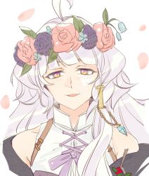 1girl ahoge bare_shoulders grey_hair head_wreath mabinogi multicolored_eyes purple_ribbon rian_(bdl) ribbon rowan_(mabinogi) sleeveless smile two-tone_eyes yellow_eyes
