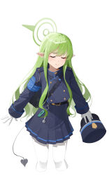 1girl absurdres baihua-y blue_archive blue_hat blue_shirt blue_skirt closed_eyes cropped_legs demon_tail gloves green_hair green_halo halo hat highres hikari_(blue_archive) holding holding_unworn_clothes holding_unworn_hat long_hair long_sleeves pantyhose pleated_skirt pointy_ears shirt simple_background skirt smile solo tail unworn_hat unworn_headwear variant_set white_background white_gloves white_pantyhose