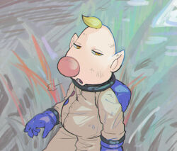 1boy asaikaina backpack bad_tag bag big_nose blonde_hair blue_bag blue_gloves buttons dirty dirty_face exhausted feet_out_of_frame gloves grass half-closed_eyes light_blush looking_at_viewer louie_(pikmin) lower_teeth_only male_focus nintendo no_headwear open_mouth orange_eyes pikmin_(series) pointy_ears short_hair sigh solo spacesuit teeth unusually_open_eyes very_short_hair