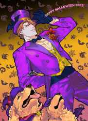 1boy adjusting_clothes adjusting_headwear animal arm_behind_back arm_up bat_(animal) bat_wings black_bow black_bowtie black_gloves blonde_hair bow bowtie bug buttoned_cuffs buttons collared_shirt cowboy_shot dog dress_shirt dutch_angle english_text formal_clothes ghost gloves gradient_background hair_between_eyes halloween halloween_costume happy_halloween hat highres keith_goodman lapel_pin layered_clothes layered_sleeves long_sleeves looking_at_viewer looking_to_the_side male_focus mamemo_(daifuku_mame) mask multiple_dogs orange_eyes orange_hair pants parted_lips purple_hat purple_pants purple_suit purple_vest shirt silk skull solo spider spider_web suit tiger_&amp;_bunny tongue tongue_out top_hat twitter_username vest wings witch_hat yellow_shirt yellow_vest