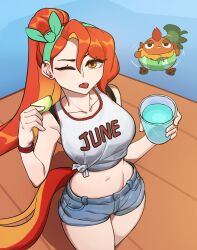 1girl ;p bare_shoulders blue_shorts breasts character_name collarbone commentary cowboy_shot cup denim denim_shorts earrings english_commentary floating from_above green_hairband hairband highres holding holding_cup hyyun_ho indie_virtual_youtuber jewelry june_(hyyun_ho) large_breasts long_hair looking_at_viewer midriff navel one_eye_closed orange_eyes orange_hair ponytail shirt short_shorts shorts sleeveless sleeveless_shirt solo standing tied_shirt tongue tongue_out very_long_hair white_shirt wristband