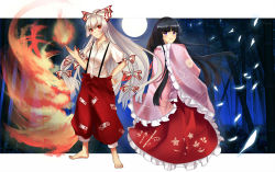 2girls bamboo black_hair bow dress fire frills fujiwara_no_mokou hair_bow hair_ribbon hime_cut houraisan_kaguya kevn long_hair looking_at_viewer moon multiple_girls night purple_eyes red_eyes ribbon suspenders touhou very_long_hair white_hair
